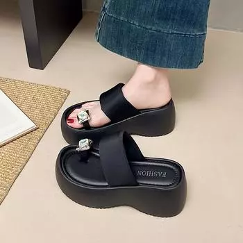 Thick-soled heightening set of toe cool slippers for women s summer outer wear new models with skirts, beach high heels, one-word sandals 35