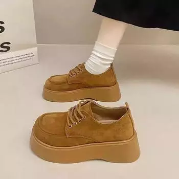 Thick-soled heightening shoes women s spring and autumn new retro casual lace-up matte muffin single shoes 35 светло-коричневого