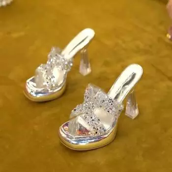 Thick-soled high-heeled cool slippers for women s 2025 summer new open-toed waterproof table transparent thick-heeled rhinestone outer wear one-w 34