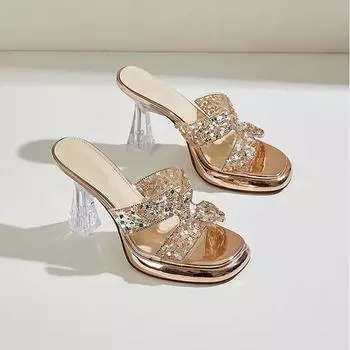 Thick-soled high-heeled cool slippers women are not tired of feet 2025 summer new sandals waterproof table thick-heeled rhinestone slippers outside 34