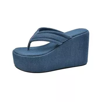 Thick-soled high-heeled small flip-flops, muffin bottom 2025 summer new casual beach sandals, outer slippers 34