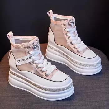 Thick Soled High Top Shoes for Women Summer Breathable Sneakers Versatile Increase Height Mesh Casual Small White Shoes Womens 34 чёрный