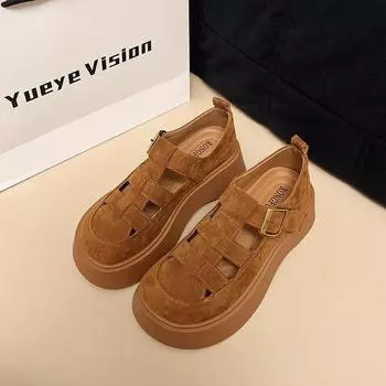 Thick-soled hollow shoes sandals women s new spring and summer small height-increasing shoes versatile single shoes 35 верблюд