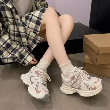 Толстая подошва Increase Daddy Shoes Women Весна и осень Новые серебристые дышащие 100 с легкой спортивной повседневной женской обувью 35