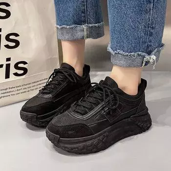 Thick-soled inner height-increasing dad shoes for women in the autumn and winter of 2024, new retro fashion, small and light casual sports shoes 35 чёрный