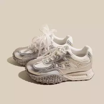 Thick-soled inner height-increasing German training shoes women s 2025 new lace pearl comfortable and breathable sports and leisure Forrest Gump shoes 35 серебряный