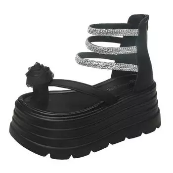 Thick-soled inner heightened heel sandals female 2025 summer new fairy wind rhinestone slope heel fashion versatile dad sandals 34