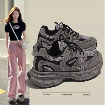 Thick-soled Internet celebrity women s lace-up casual dad shoes 2025 new trendy temperament little white shoes comfortable shoes 35 фиолетовый