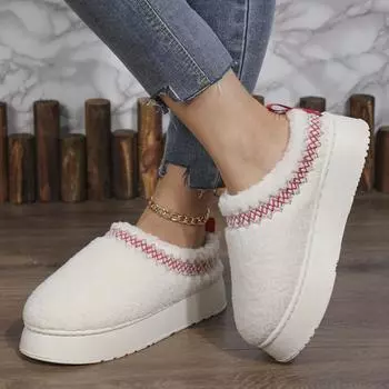 Thick-soled lamb wool ethnic style winter bag head half slippers women s new lace wool drag foreign trade snow cotton slippers 36 белый