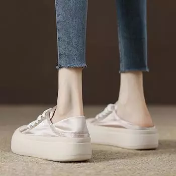 Thick-Soled Large-Toe Satin Canvas Shoes Female Summer New Breathable Two-Way White Shoes Thin Silk Casual Sneakers 35