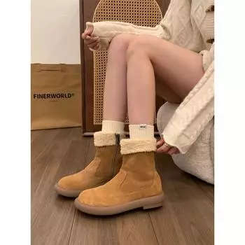 thick-soled leather snow boots women s shoes new autumn and winter piled thickened cotton shoes warm fluffy boots short boots 35