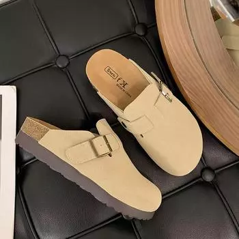 thick-soled leather women s spring new retro baotou half slippers women s heightening casual shoes 35