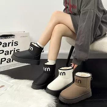 thick-soled letter short snow boots women s 2024 new one-pedal piled thickened waterproof and non-slip outer cotton shoes 36 чёрный