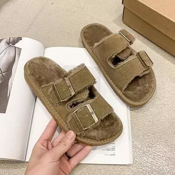 Thick-soled Mao Mao slippers women s shoes autumn and winter wear 2024 fashion soft-soled Boken cotton slippers Mao Mao shoes 35 хаки