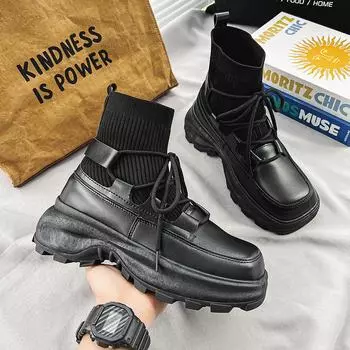Thick-soled Martin boots, socks, tooling boots, casual trendy shoes, niche design, British style high-top men s shoes in spring and autumn 39