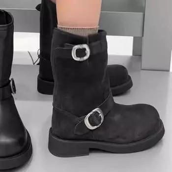 Thick-soled Martin boots women s 2024 autumn new retro mid-tube western stacking boots belt buckle metal locomotive short boots 36