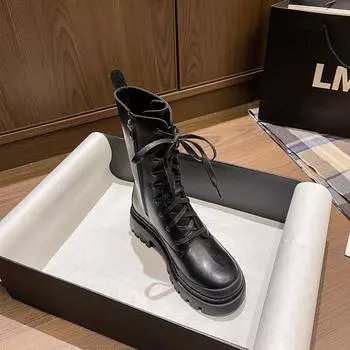 Thick-soled Martin boots women s 2025 new autumn and winter nine-hole medium boots British style thin thick heel black knight boots 35