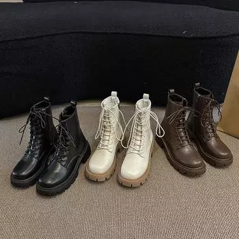 thick-soled Martin boots women s 2025 new high-heeled soft leather 2025 spring and autumn single boots medium tube thick heel side zipper short boots 35