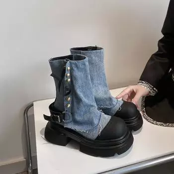 Thick-soled Martin Boots Women s British Spice Girls Medium Tube Cowboy Western Pants Boots Niche Short Boots 35 черный серый