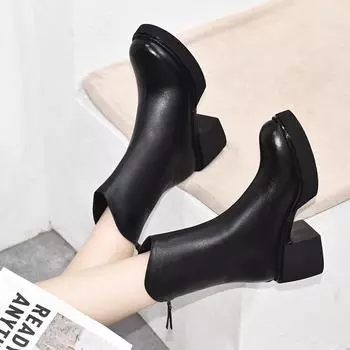 Thick-soled Martin boots women s new first-layer cowhide waterproof mid-table boots rear zipper thick-heeled women s leather boots 35