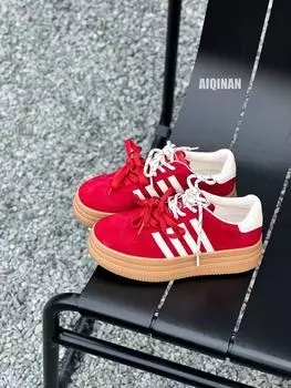 thick-soled matte leather four-bar women s shoes spring new pair of shoelaces breathable casual sports board shoes women 35 красный