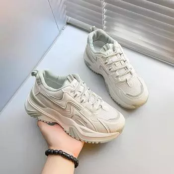 Thick-soled mesh breathable dad shoes women s summer 2024 new Korean version student lace-up casual sports shoes 35 бежевый