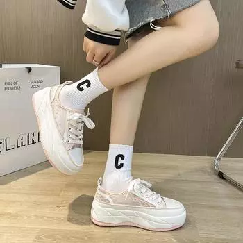 Туфли белые с толстой подошвой из сетки, женские, с толстым дном, весна-лето, новые, дышащие, увеличивающие рост, повседневные женские туфли, универсальные, одинарные туфли 35 серый