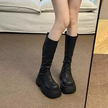 thick-soled muffin but knee boots women s 2025 autumn and winter new fashion pleated stacking boots high elastic thin boots 35 хаки