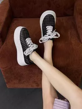 thick-soled muffin little white shoes women s summer new versatile breathable mesh board shoes sports and leisure heightening board shoes 34 чёрный