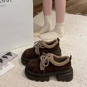 thick-soled muffin women s velvet warm cotton shoes 2024 winter new heightening British style small leather shoes 35