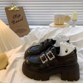 Thick-soled new one-pedal thick heel round head small leather shoes metal buckle small leather shoes 35