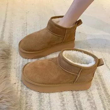 Новые зимние женские ботинки на толстой подошве, теплые, короткие, плюшевые, 2024, горячая распродажа, модные, повседневные, удобные ботинки на основе бисквита 35 чёрный