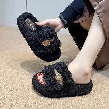 Thick-soled one-character fluffy slippers women s autumn and winter new round head outer slippers retro fashion women s shoes 35