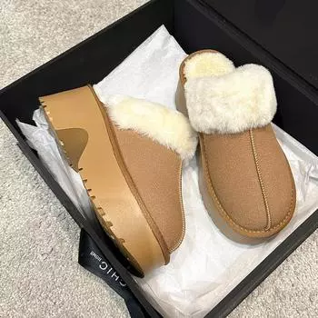Thick-soled one-pedal lazy cotton slippers wear 2024 winter new bag head velvet warm muffin half slippers women 35 малиновый