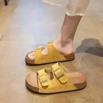 Thick-soled one-word slippers for women to wear new summer height-increasing casual sandals vacation beach shoes 35