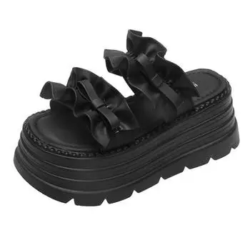 Thick-soled one-word slippers women s 2025 summer new pleated lace high-end wedge heel European goods show high outer sandals 34