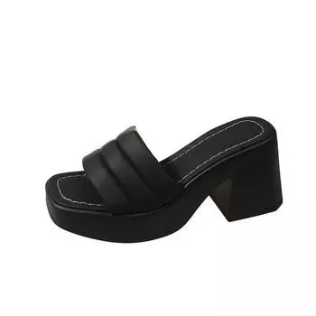 Thick-soled one-word slippers women s summer new thick-heeled square-head slippers summer wear high-heeled broadband strip sandals 35