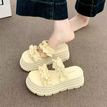 Thick-soled one-word slippers women s summer new pleated lace high-end slope heel high outer sandals 34