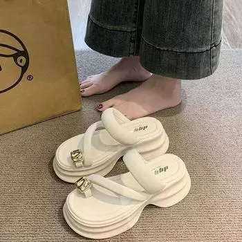 Thick-soled outer wear 2024 summer new versatile cool slippers women s muffin toe shoes herringbone summer with skirt new 35 чёрный