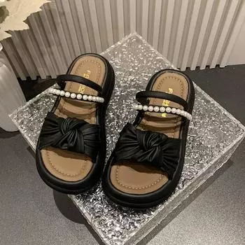 thick-soled pearl slippers for women s outer wear, summer new one-character cross-strap flat-bottomed cool slippers for women s fashion 35