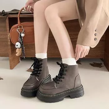 Thick-soled retro muffin lace-up velvet Martin boots for women s 2024 winter new British style warm thick-heeled locomotive boots 35 чёрный