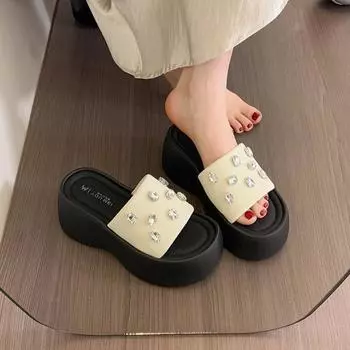 thick-soled rhinestone cool slippers for women s summer new small height-increasing sandals fashionable beach shoes 35