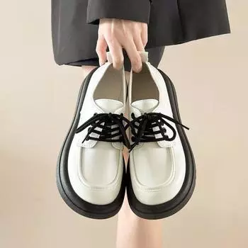 Thick-soled round head small leather shoes women s spring new lace-up single shoes student skirt 35