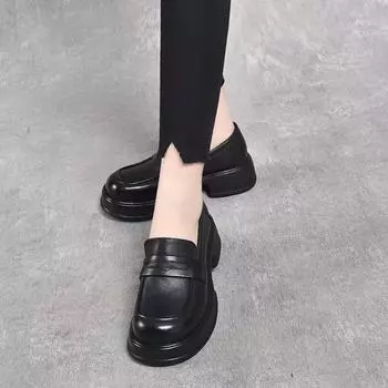 thick-soled round head small leather shoes women s spring first-layer cowhide muffin and one-pedal single shoes college style casual shoes 35