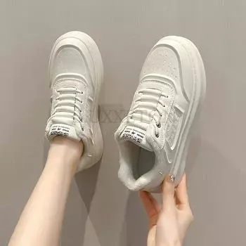 Женские туфли для скейтбординга в студенческом стиле с круглым носком, толстой подошвой, с сеткой, дышащие и удобные, спортивная обувь 35 покинуть белый