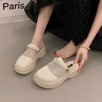 thick-soled sandals, one shoe for women, two summer breathable linen mesh shoes, bag head and half slippers, and embroidered mesh sandals 35