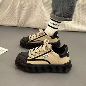 thick-soled shell head white shoes women s 2025 spring and autumn new fashion trend casual flat-soled biscuit shoes board shoes 35 хаки