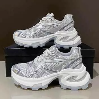 Thick-soled silver dad shoes women s summer new fried street heightening mesh surface lightweight breathable casual sports shoes tide 35