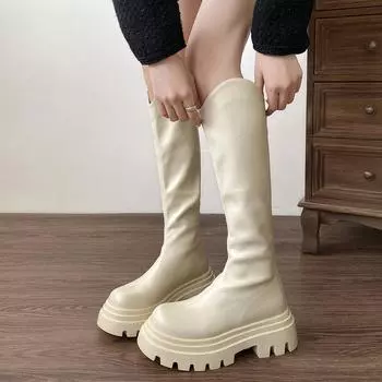 Thick-soled simple black v-mouth thin thick-soled boots women s 2025 new autumn small tall knight boots 35 хаки