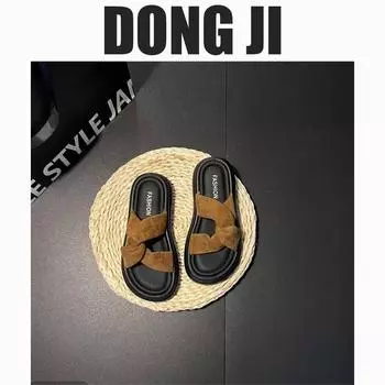 Thick-soled slippers for women who step on shit wear 2025 spring and summer new soft cloth surface wear fashion beach one-word slippers for women 35 песочный